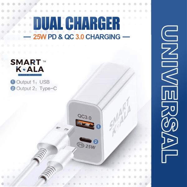 Smart Koala 25W PD Type C + USB A QC3.0 SAA Certified Super Fast Charging Dual Charger Wall Plug Power Adapter For Apple, Samsung, Google, Oppo Smart Koala 25W PD Type C + USB A QC3.0 SAA Certified Super Fast Charging Dual Charger Wall Plug Power Adapter For Apple, Samsung, Google, Oppo